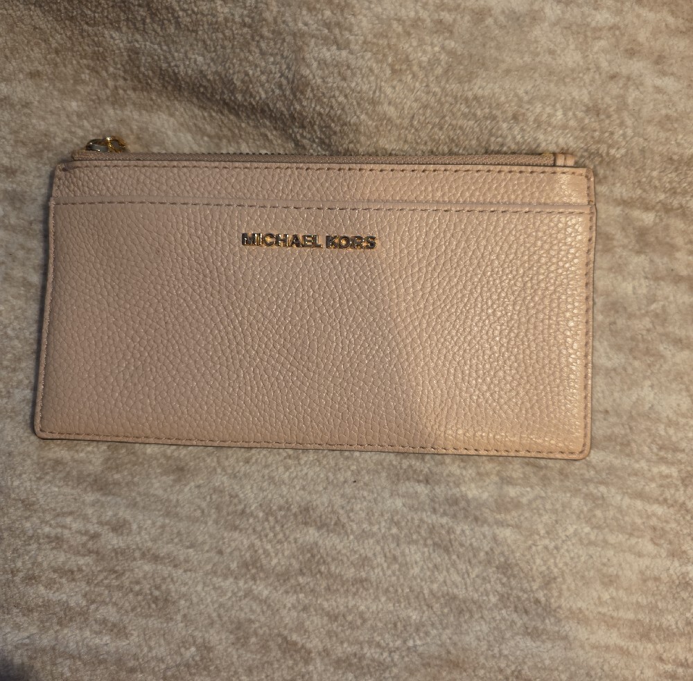 Michael Kors Pale Blush Pebbled Leather Zip Wallet with Gold Logo